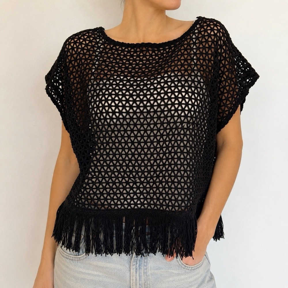 Banana Republic Womens‎ Petite L Black Crochet Mesh Fringe Hem Boho Cover Up Top